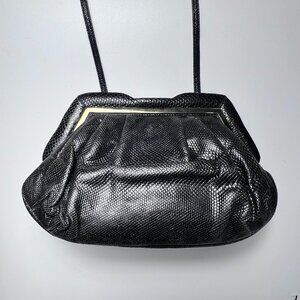 JUDITH Vintage  LEIBER Black Lizard and Gold Evening Clutch WITH Shoulder  Strap